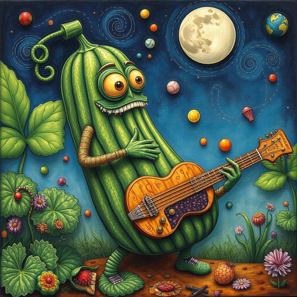 Surreal Cucumber in Futurist Folk Art Style