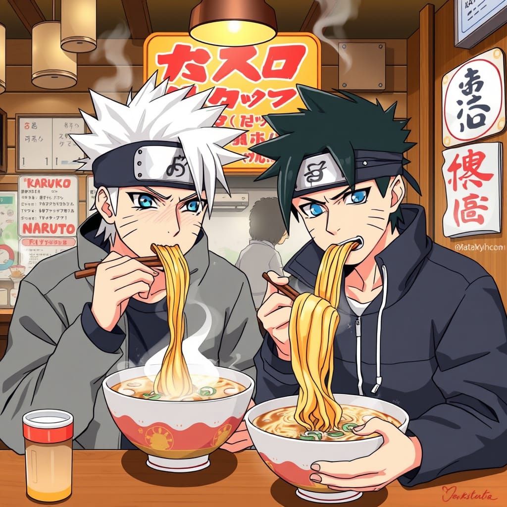 Kakashi and Naruto Eating Ramen in Anime Style