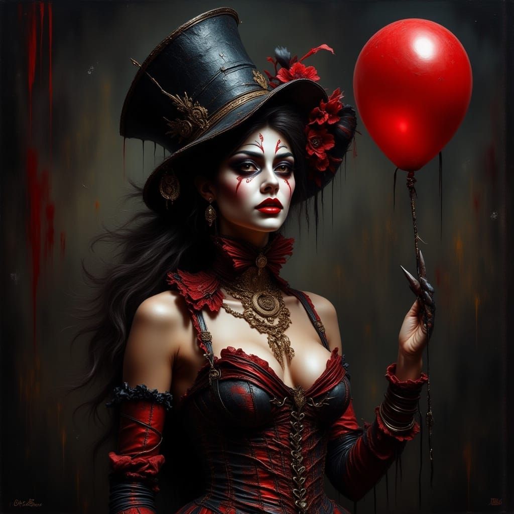 Attractive Circus Woman with Red Balloon in Moody Setting