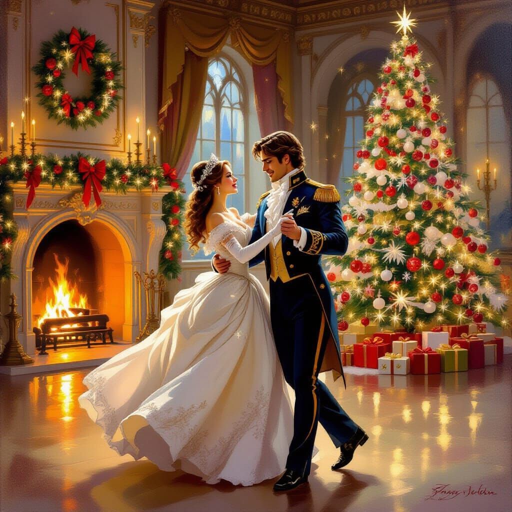 Princess and Prince Dancing in Christmas Castle Ballroom