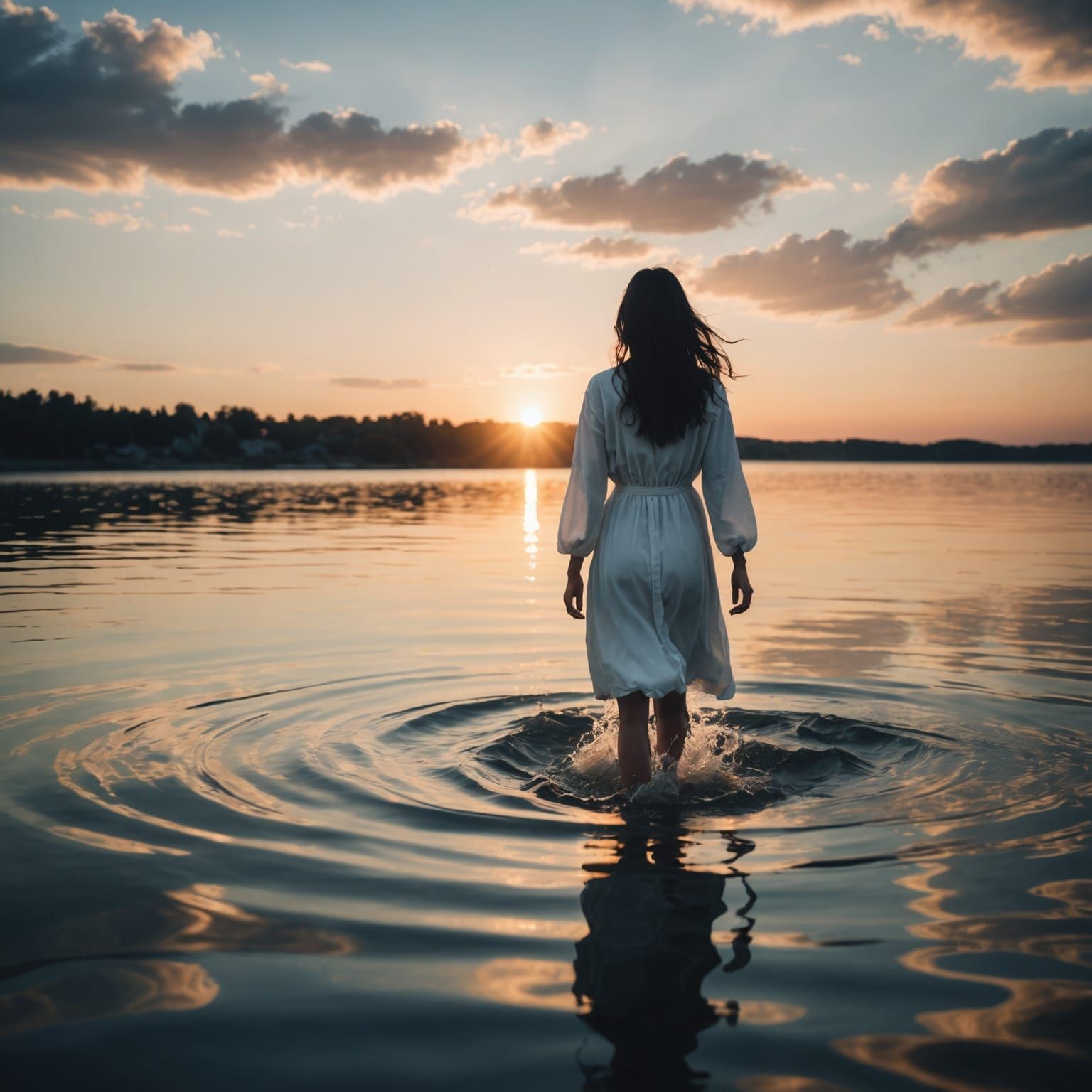 Girl Walks on Water at Sunrise