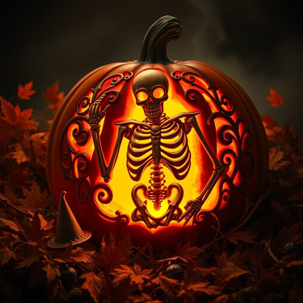 Ornate Halloween Pumpkin with Skeleton Design