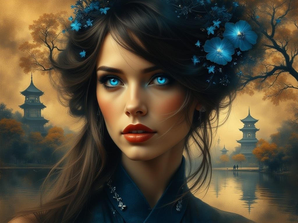 Enigmatic Woman with Glowing Eyes and Red Lips