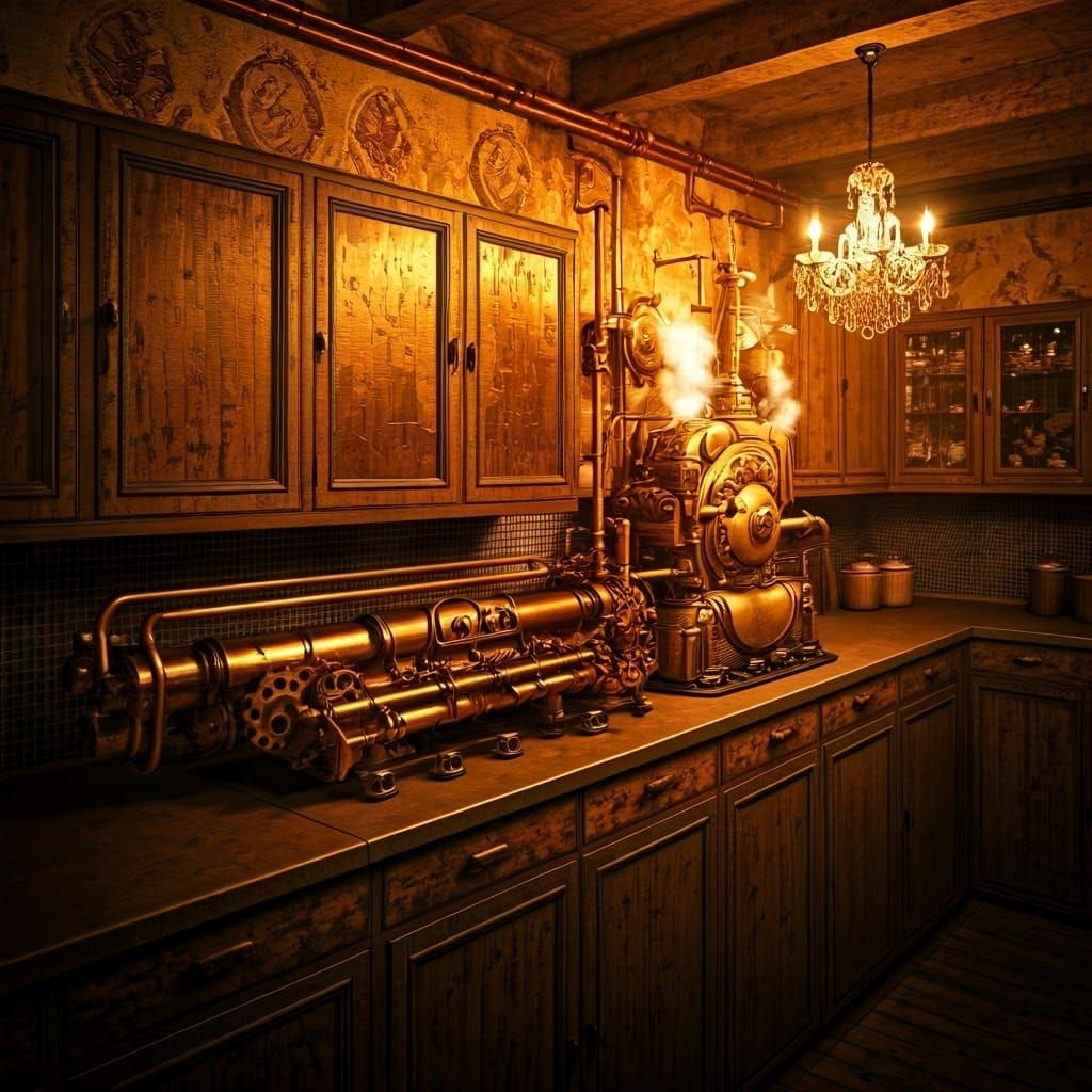 Steampunk Soviet Kitchen with Brass and Copper Accents