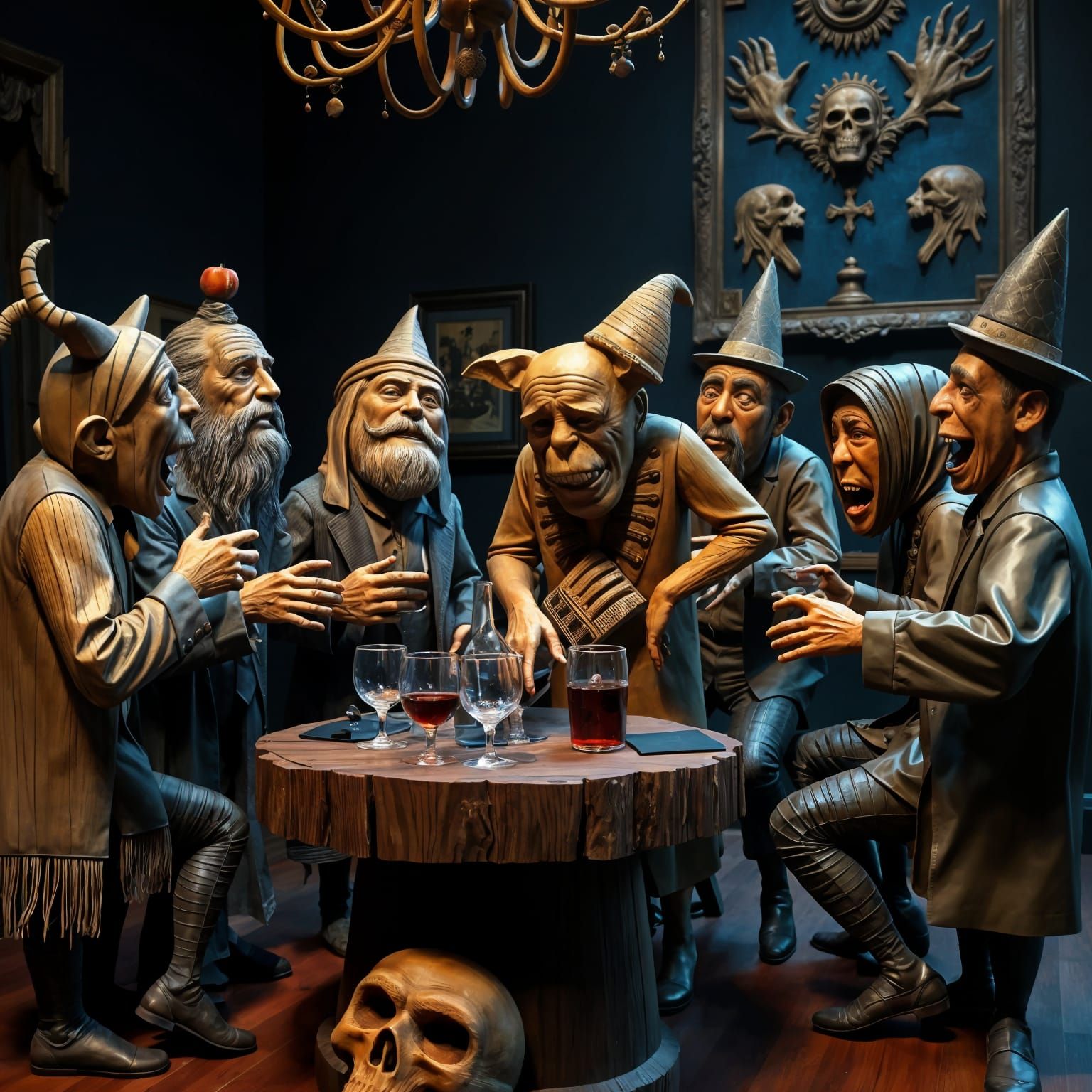 Halloween Party Guests: Detailed Wooden Carvings in Art Muse...