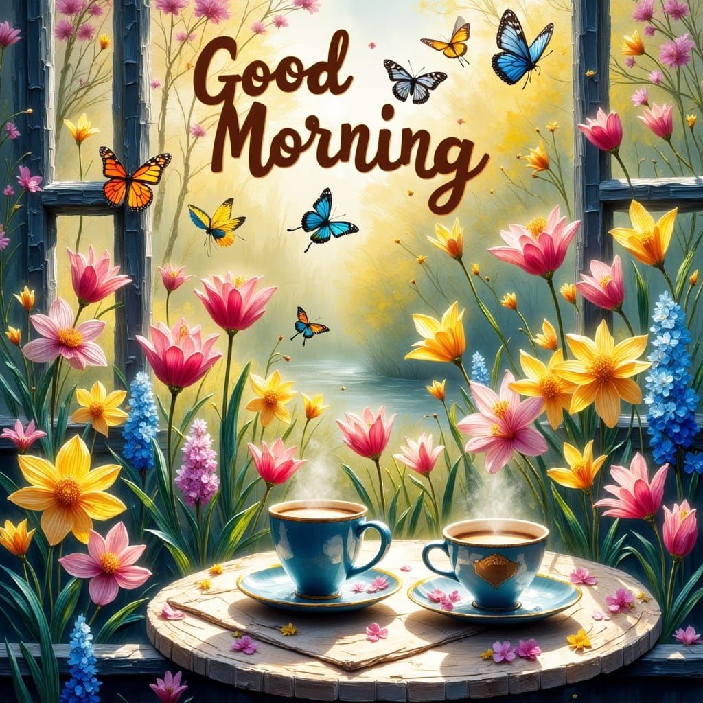Whimsical Spring Morning Scene with Butterflies and Flowers
