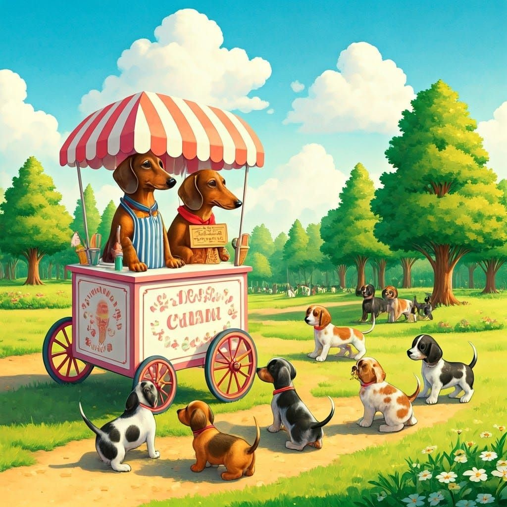 Vibrant Ice Cream Scene in Whimsical Storybook Style