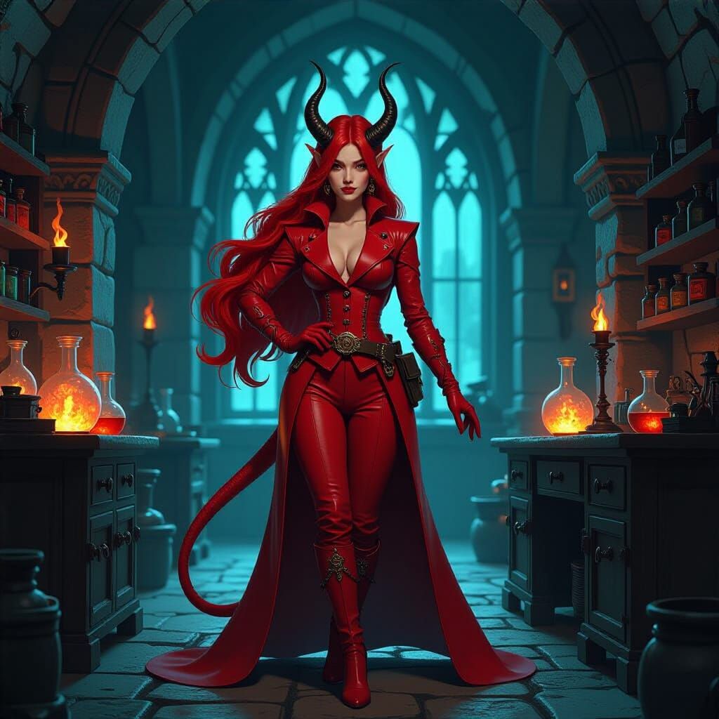 Tiefling Alchemist in Shadowy Laboratory, Fantasy Art Style