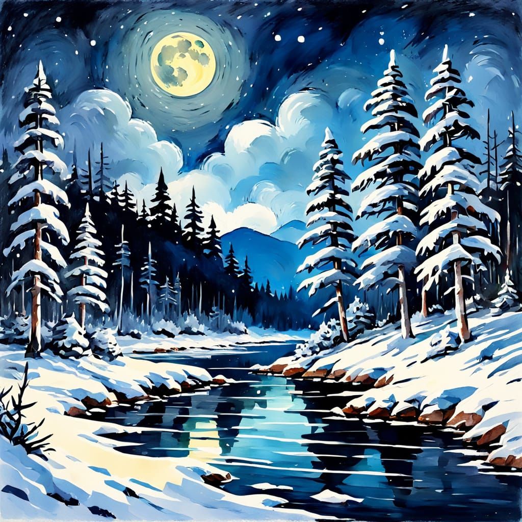 Winter Landscape in Gouache Impressionist Style