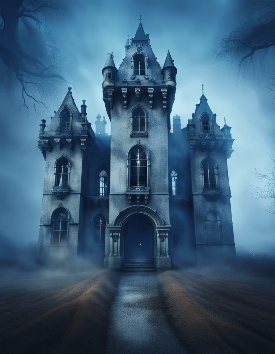 Creepy Derelict Castle Lost in Mist: Photorealistic Image