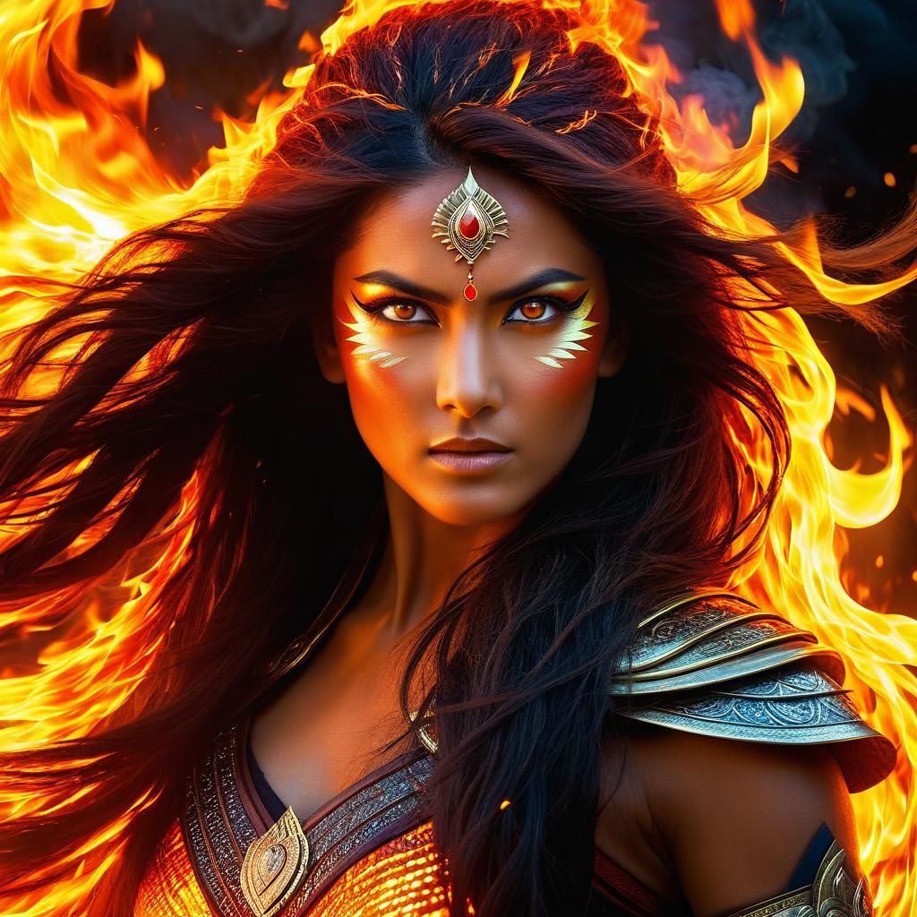 Mythical Woman Rising From Fire With Fiery Eyes