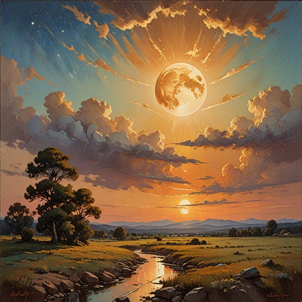 Impressionist Moon Landscape in Golden Light