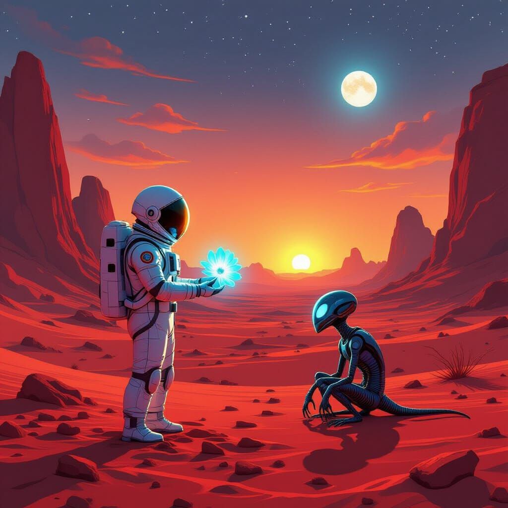 Astronaut Offers Alien Flower Under Binary Sunset