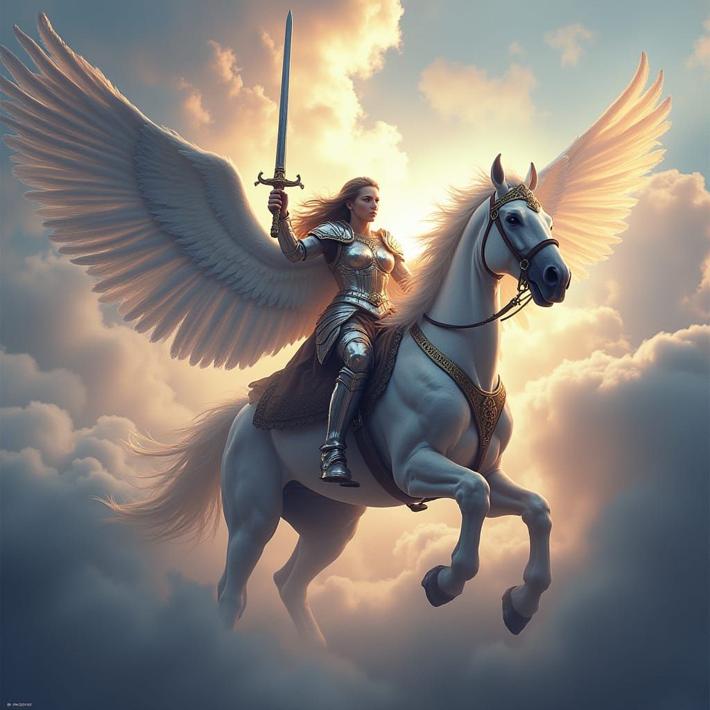 Majestic Valkyrie on Winged Horse Charges into Cosmic Battle