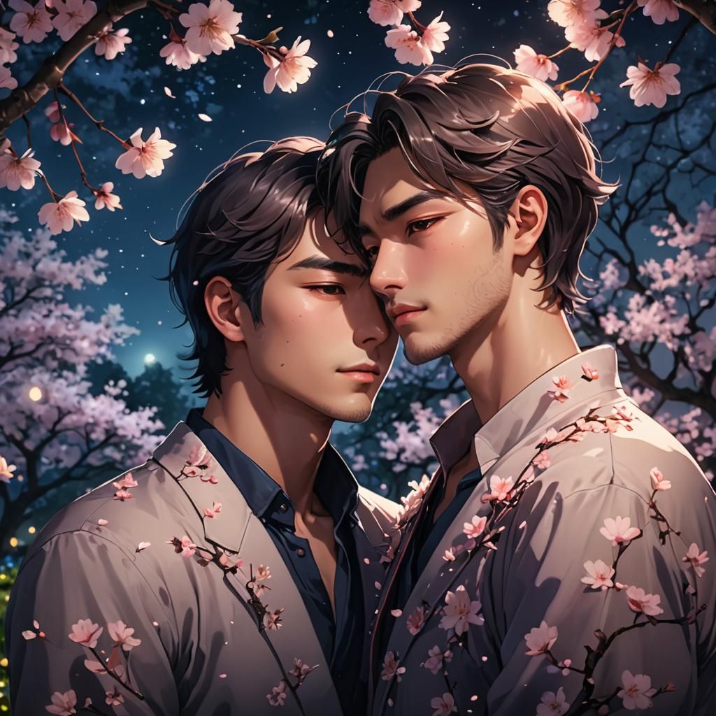 Anime Style Portrait: Men Embracing in Garden