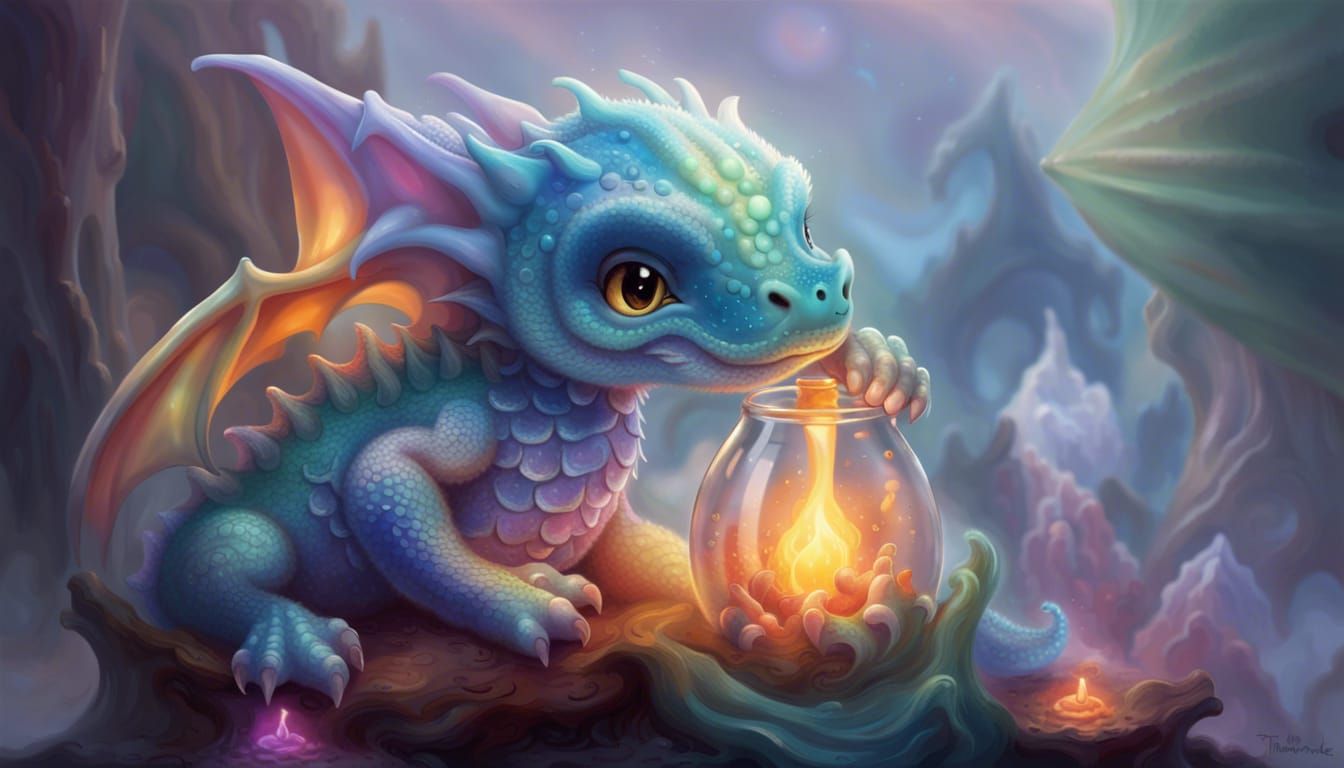 Baby Dragon and Lava Lamp in Ethereal Style