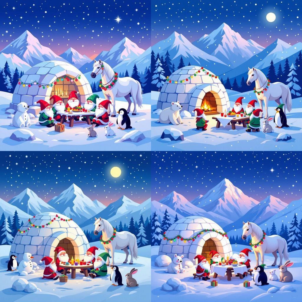 Magical Twilight Igloo Scene with Gnomes and Animals