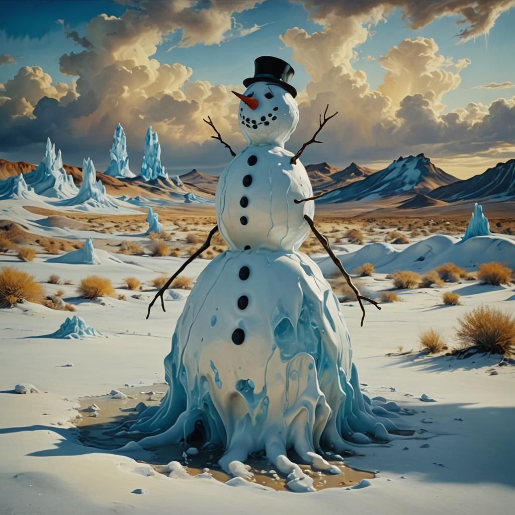 Melting Snowman in Desert: A Triadic Oil Painting