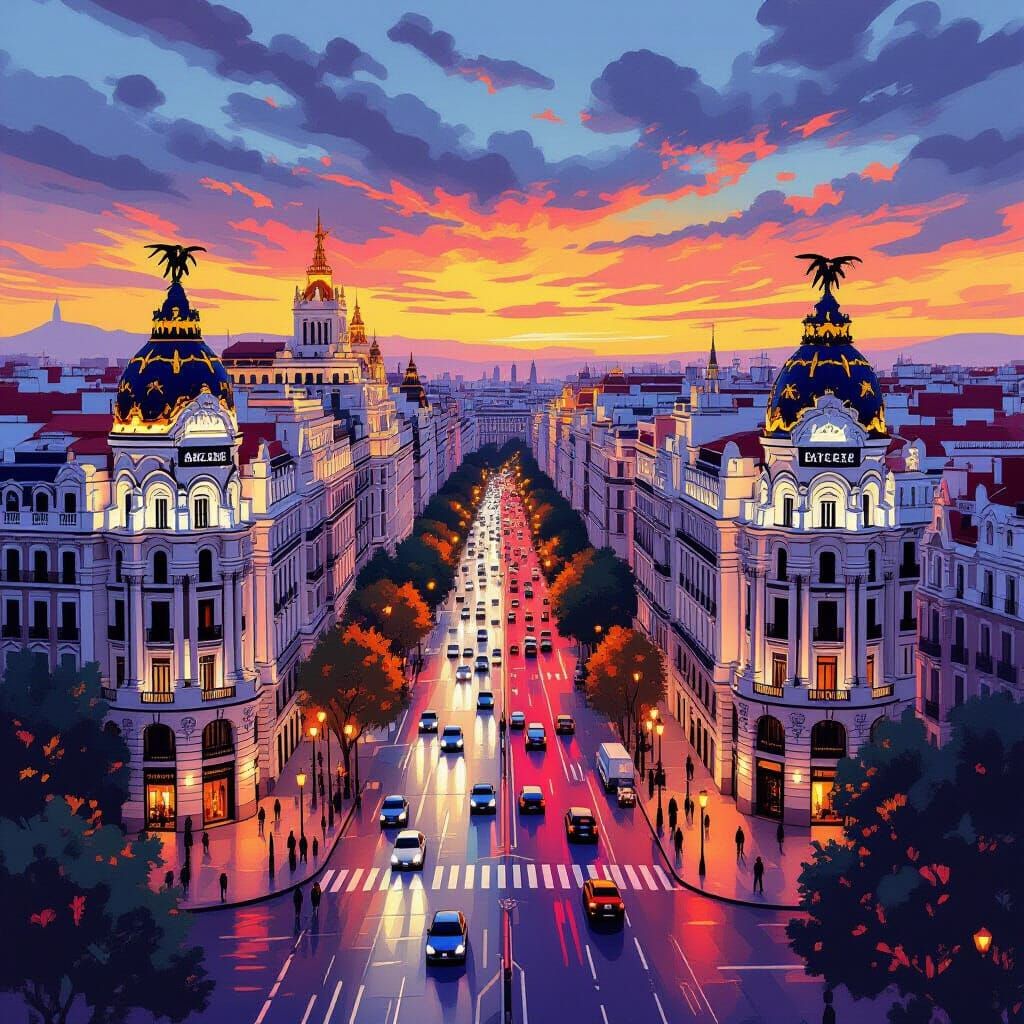 Madrid Cityscape with Boulevards in Bearing Style