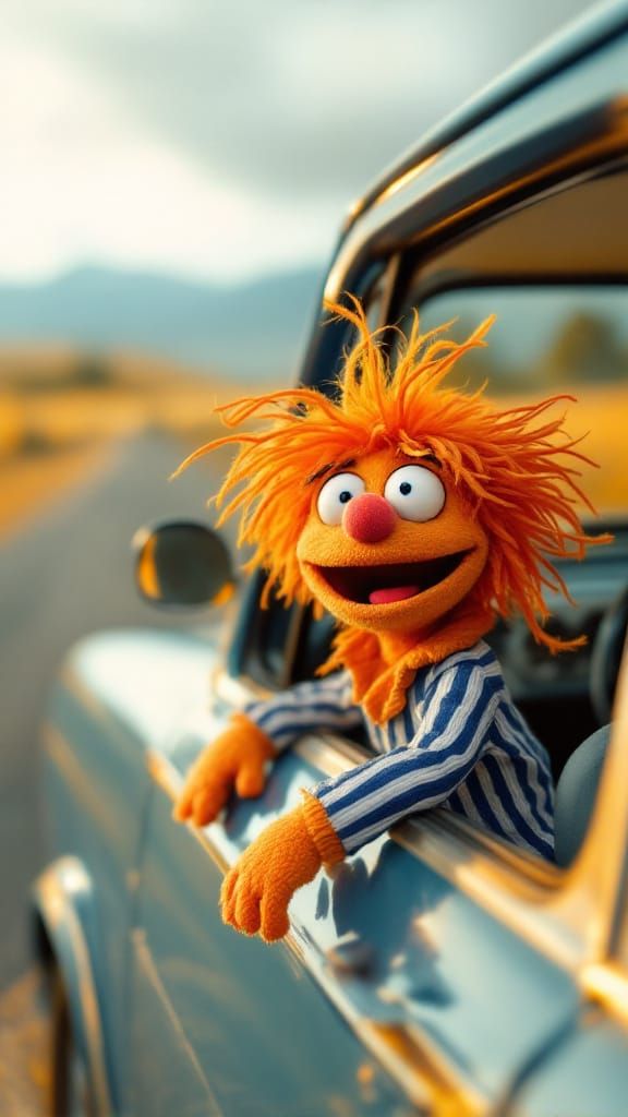 Playful Puppet Toy in Vintage Car, Golden Hour