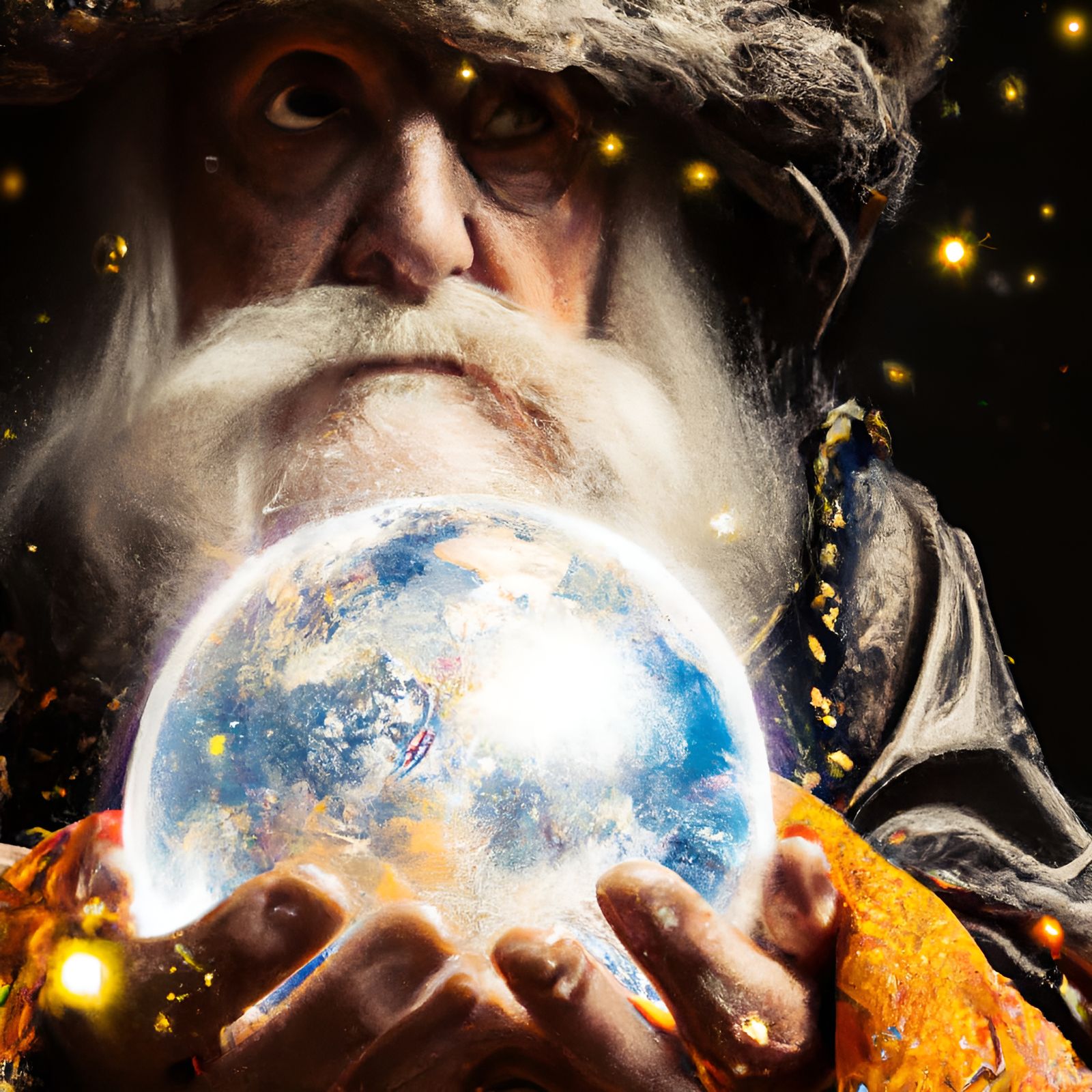 Wizard Holding Earth Globe with Glowing Eyes