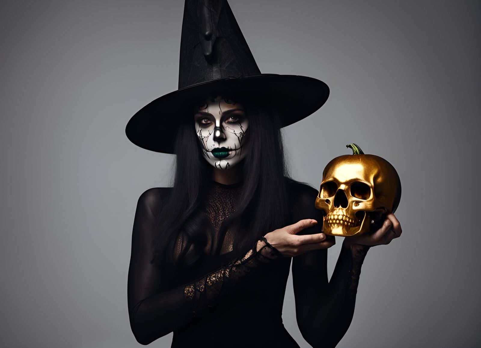 Halloween Witch with Golden Skull: Hyperrealistic Surrealism