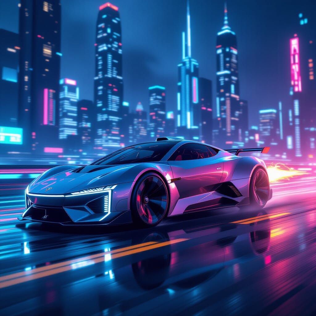Futuristic Vehicle Speeds Through Neon Cityscape