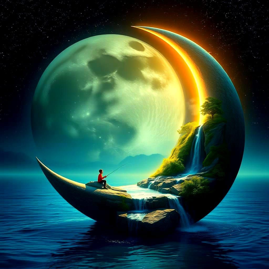 Ethereal Moonrise from Tranquil Waters in a Dreamlike Landsc...