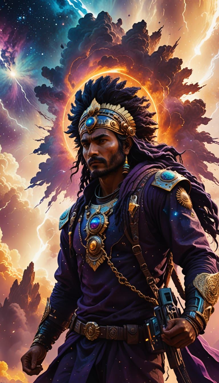 Indian Figure at Nebula Gateway in Oil Painting