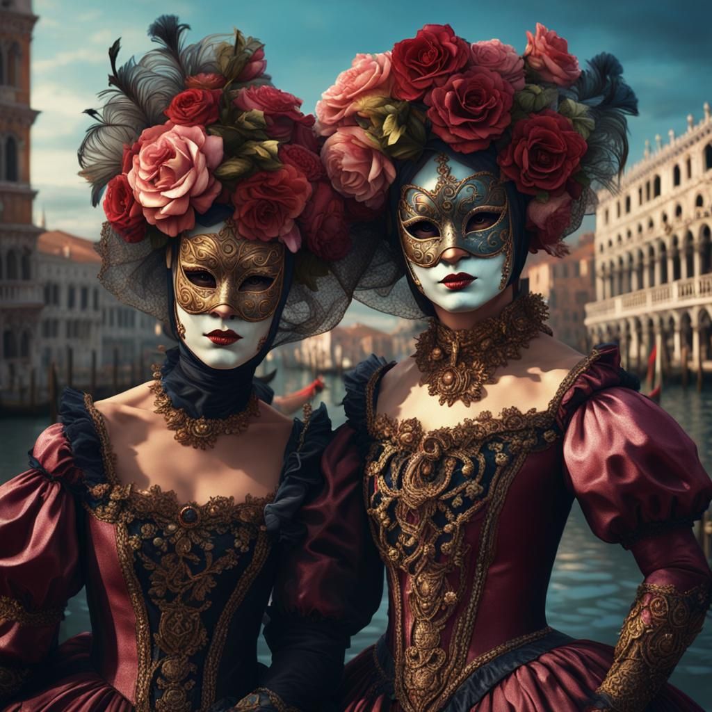 Masked Ladies at Venice Carnival: Detailed Digital Painting
