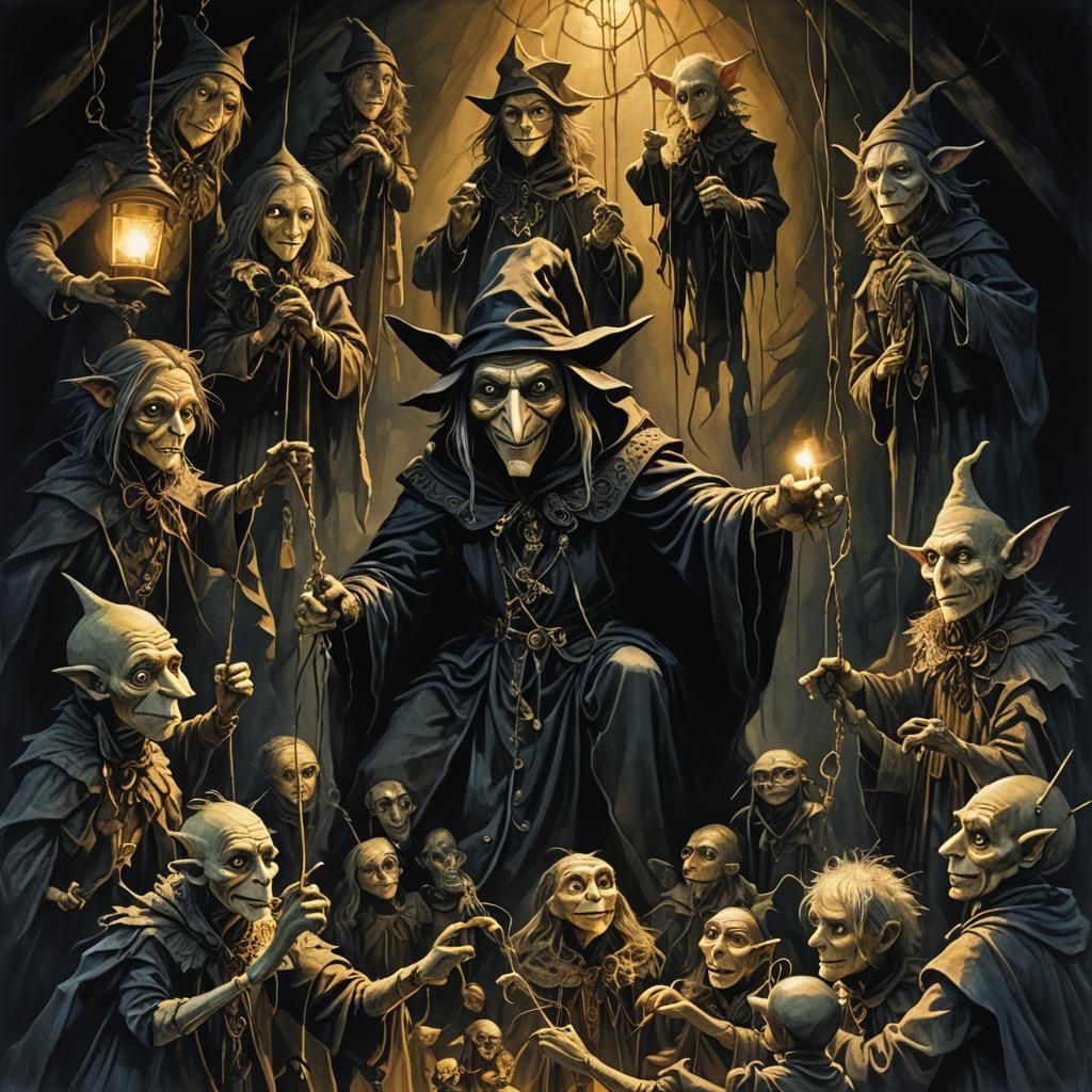 Eerie Puppet Master in Dark Fantasy Chamber