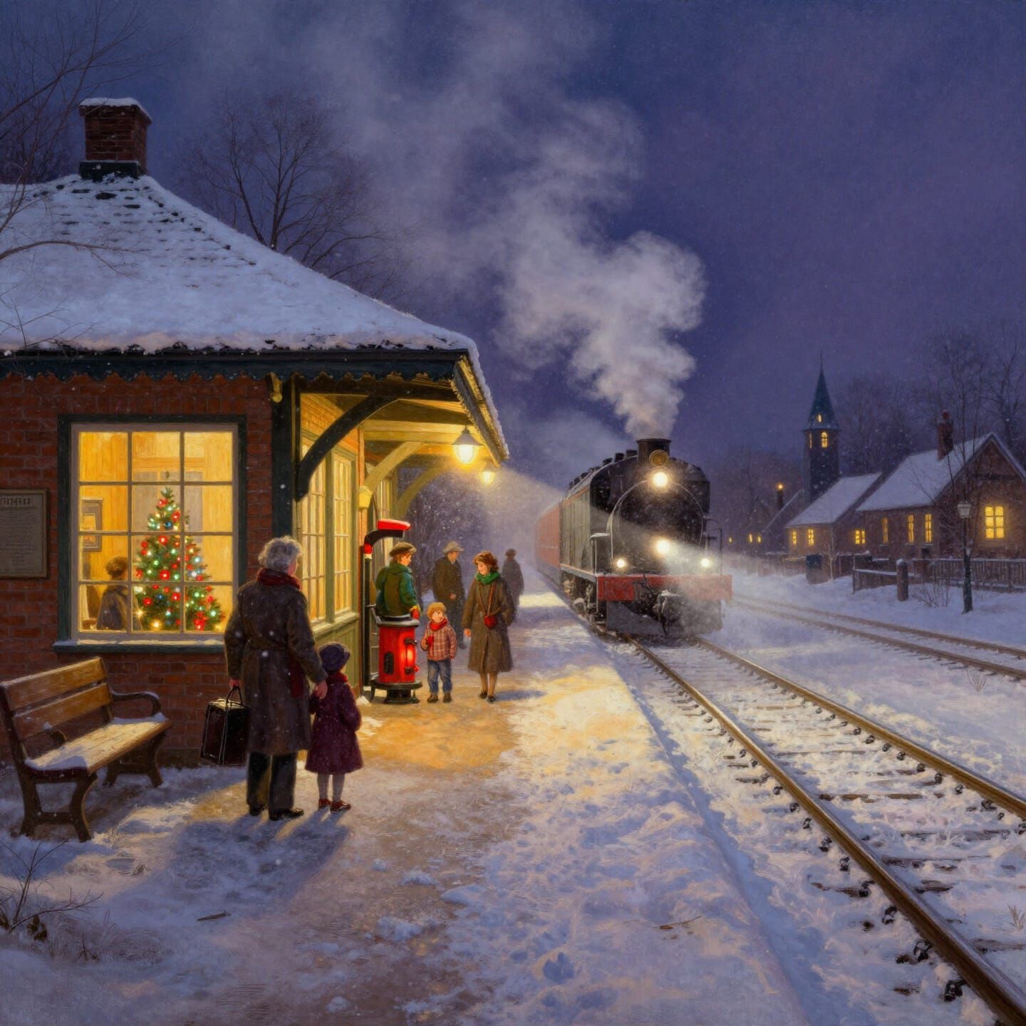 Nostalgic Christmas Eve Train Arrival Oil Painting