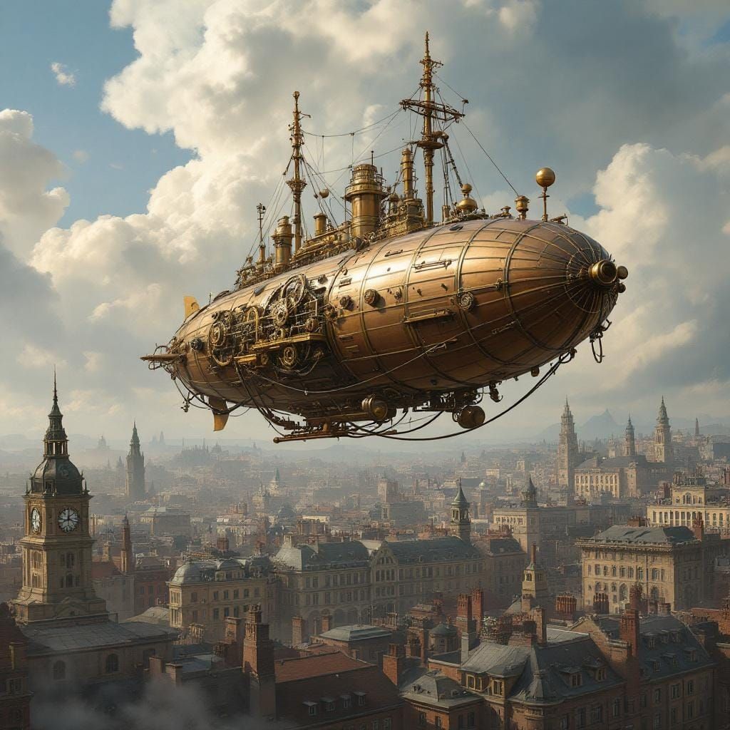 Steampunk Airship Soaring Over Victorian City