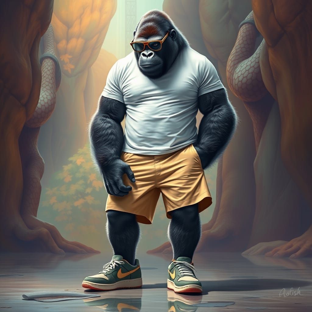 Stylish Gorilla in Urban Scene, Hyperrealistic Style