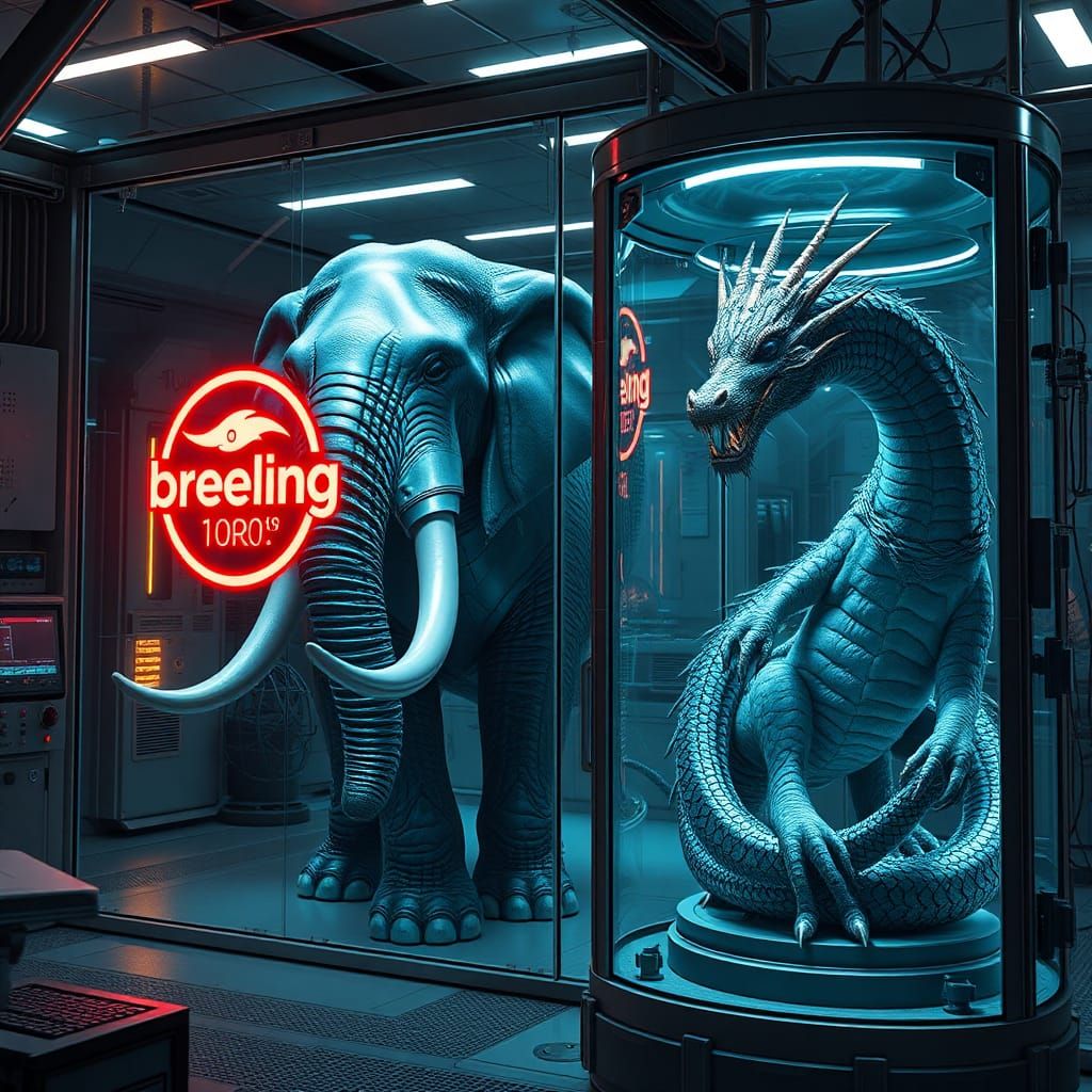 Armored Elephant and Dragon in Sci-Fi Lab