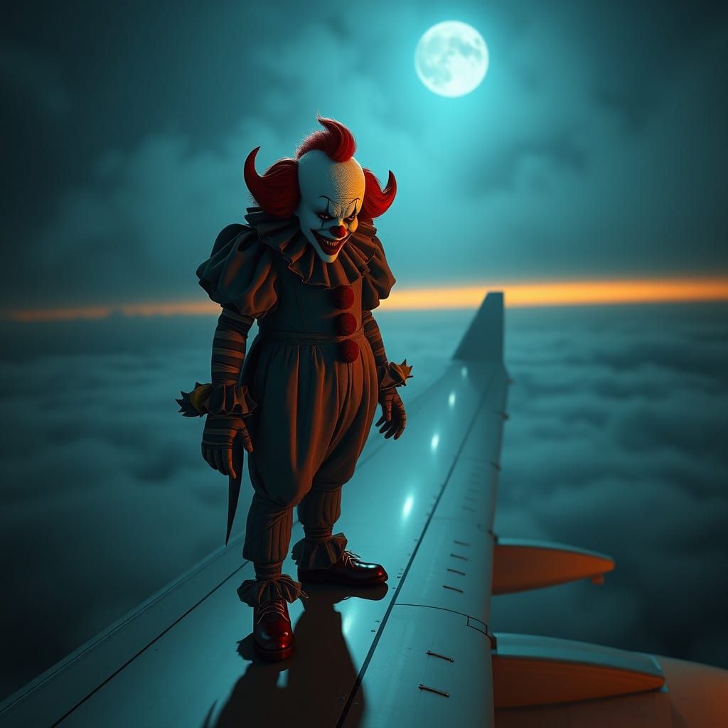 Hyper-Realistic Clown on Airplane Wing in Futuristic Night S...