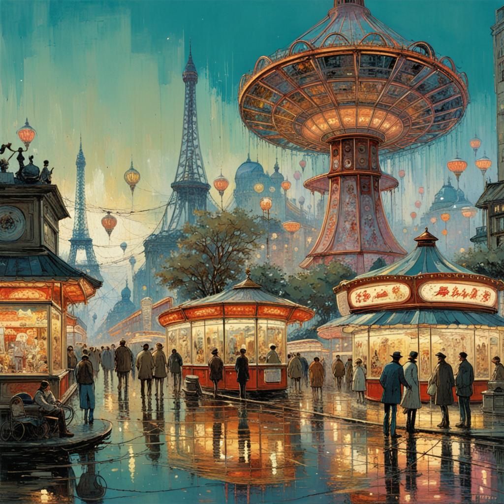 Vintage Amusement Park Cityscape Illustration