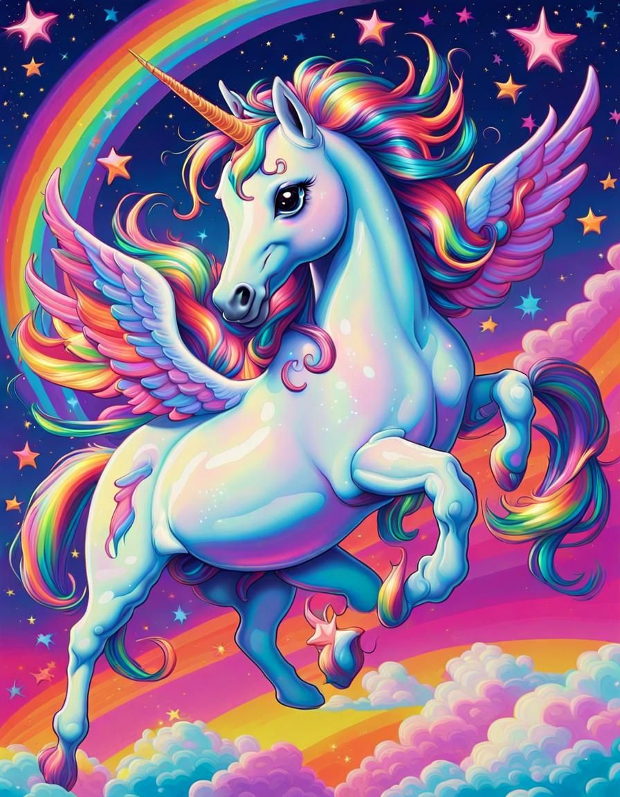 Horned Pegasus in the style of Lisa Frank