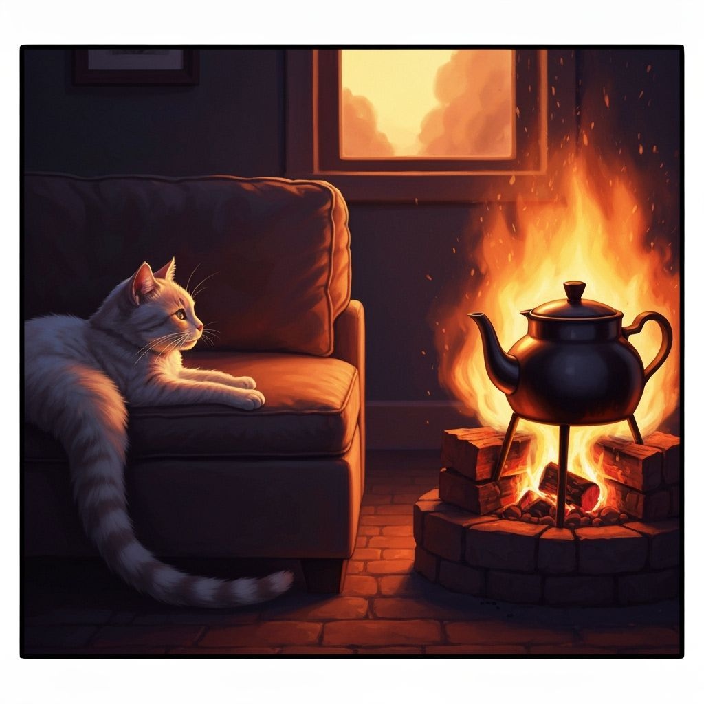 Cozy Cat and Boiling Teapot: Hyperrealistic Concept Art