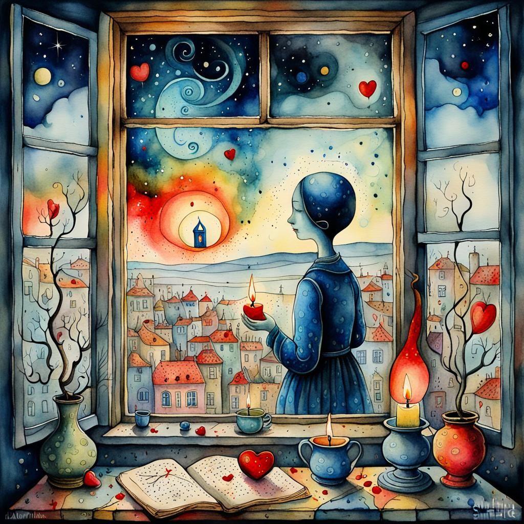 Surreal Candlelight Portrait in Watercolor and Ink