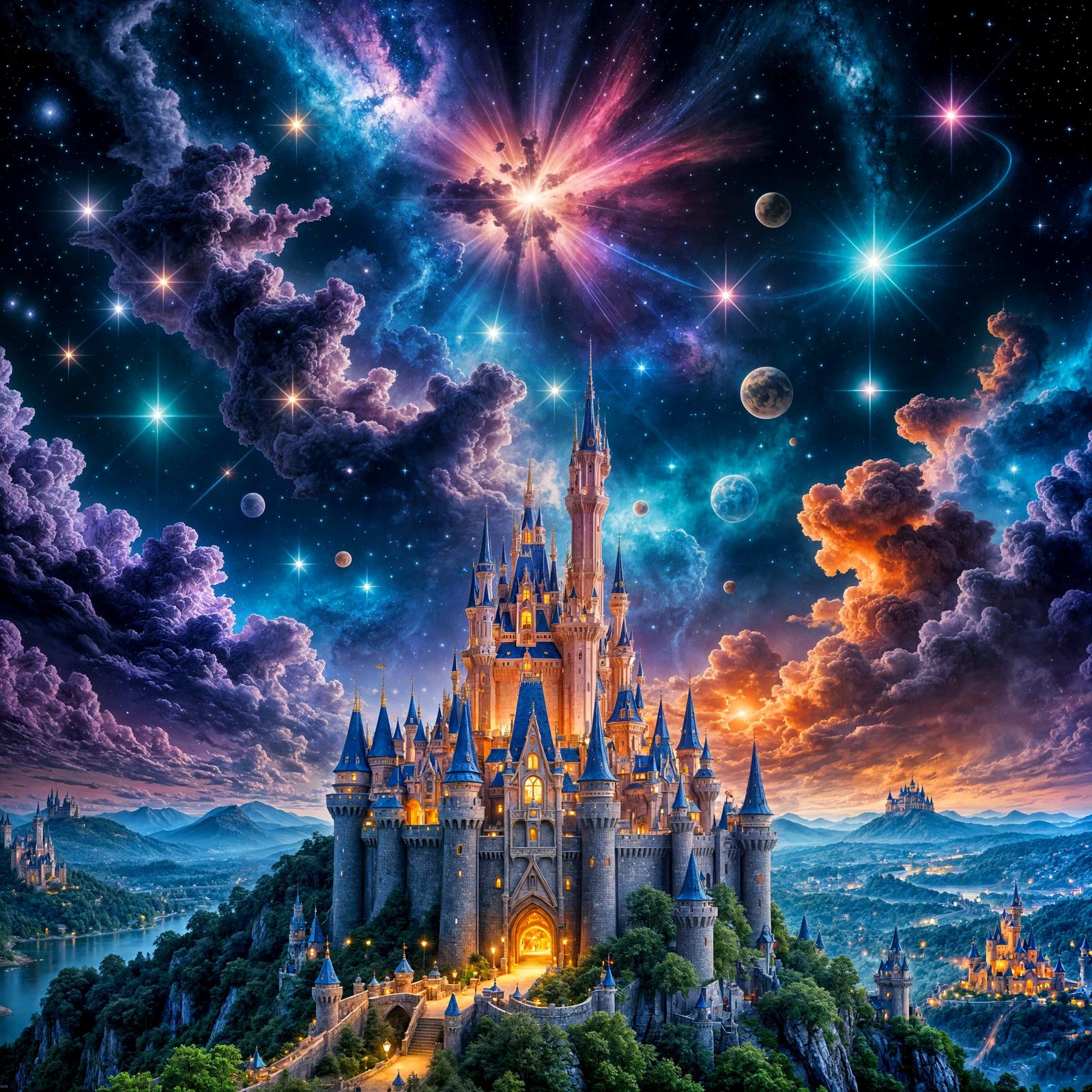 Disney Castle Panorama Under a Colorful Galaxy Night Sky