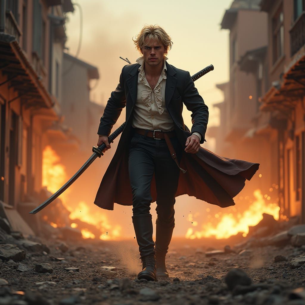 Victorian Man Running Through War-Torn Street