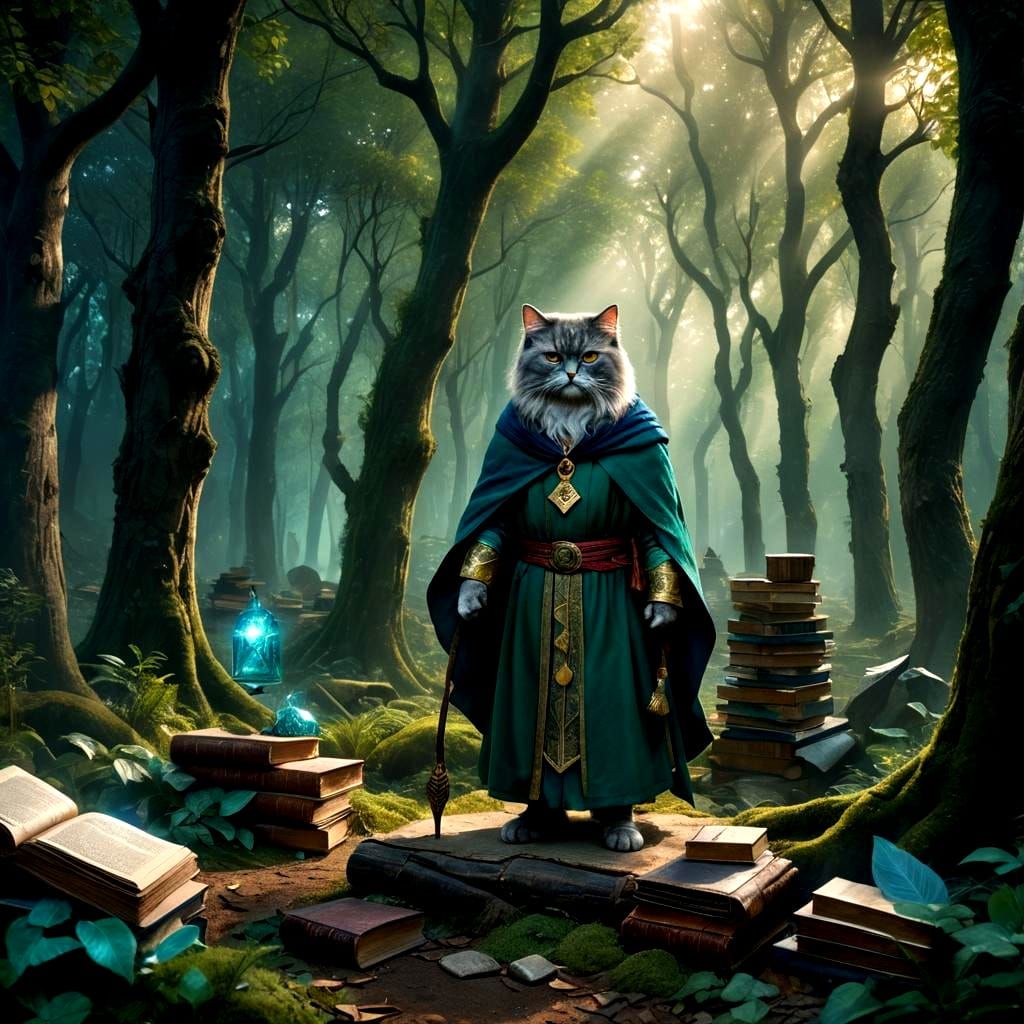 Persian Cat Monk Wizard in Forest, Cartoon Style