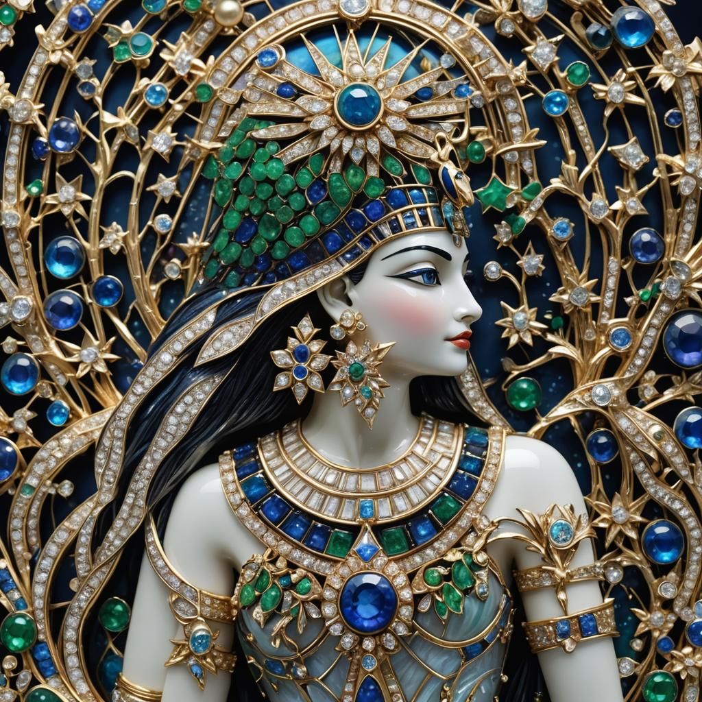 Egyptian Goddess Brooch in Platinum and Precious Gems