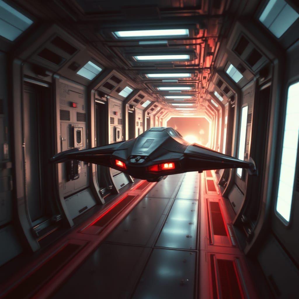 Spaceship Escape Through Space Station: Cinematic Still