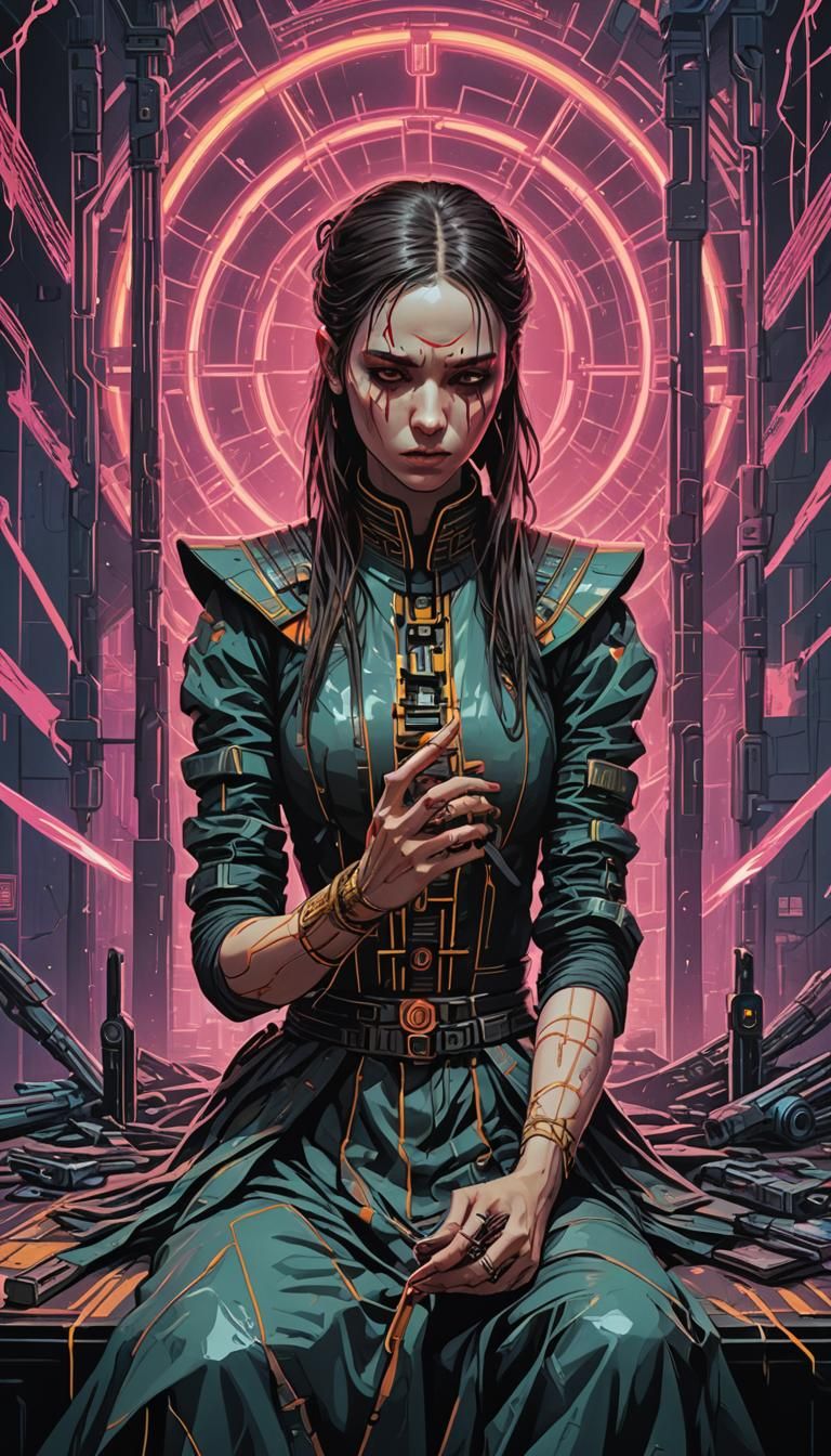 Eight of Swords Tarot in Cyberpunk Style