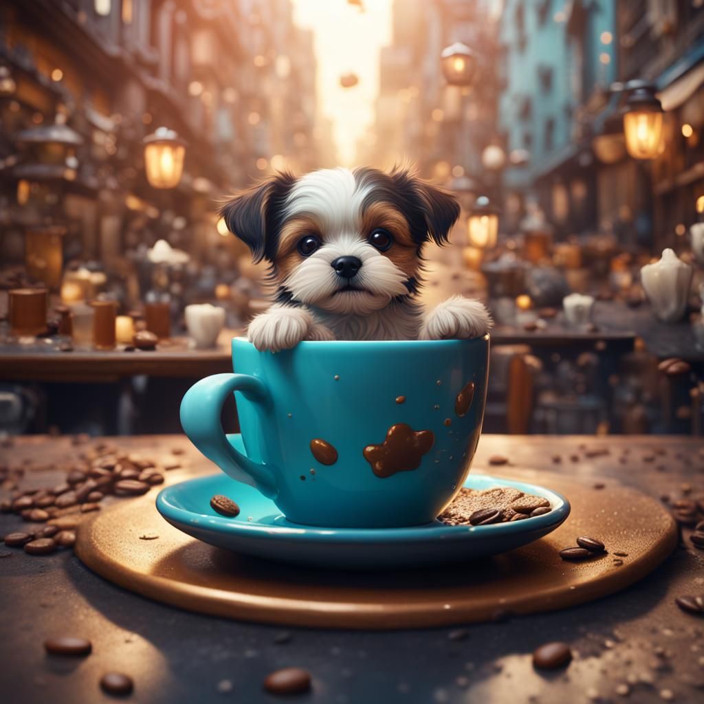 Cute Dog in Coffee Cup: Detailed Digital Art