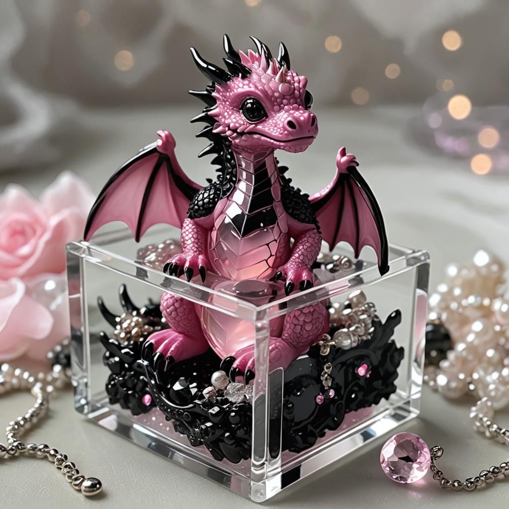Miniature Dragon in Jewelry Box with Glowing Gems