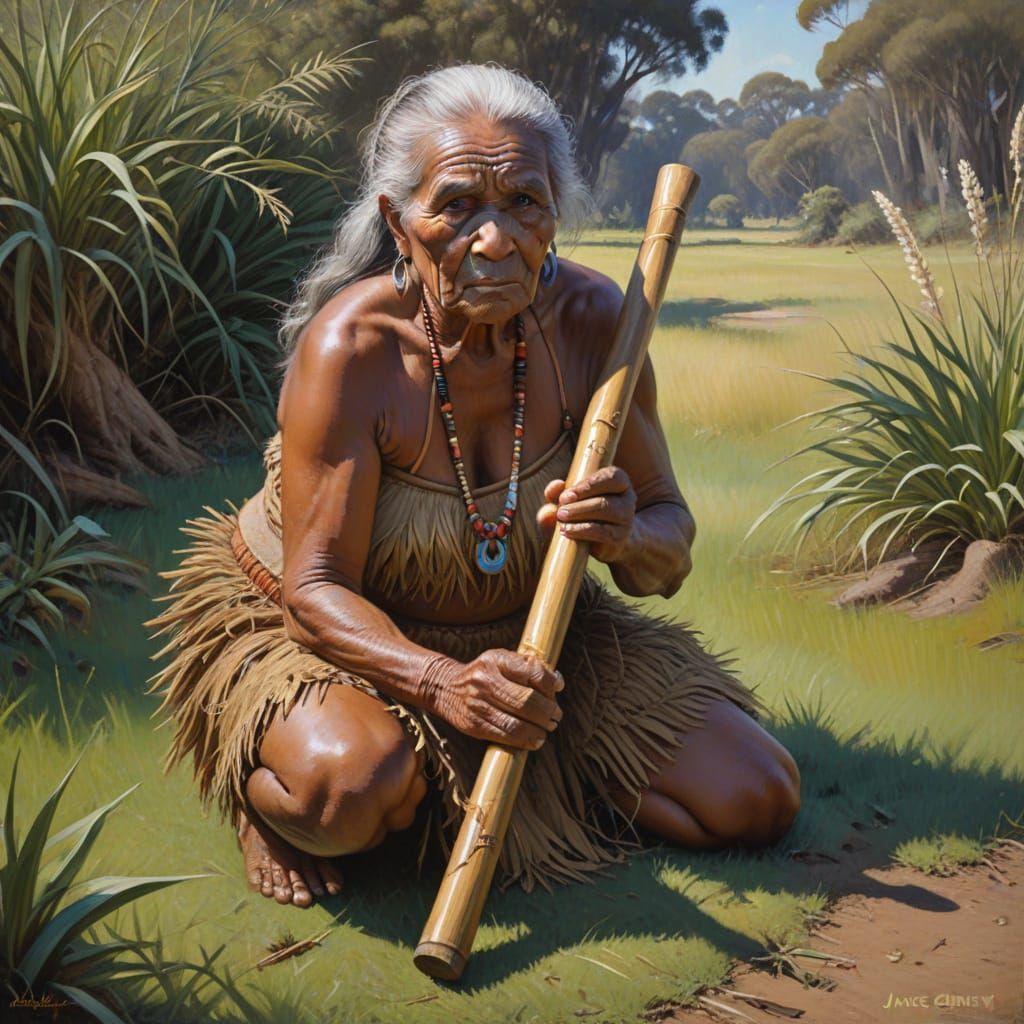 Aboriginal Woman Playing Didgeridoo as Oil Painting