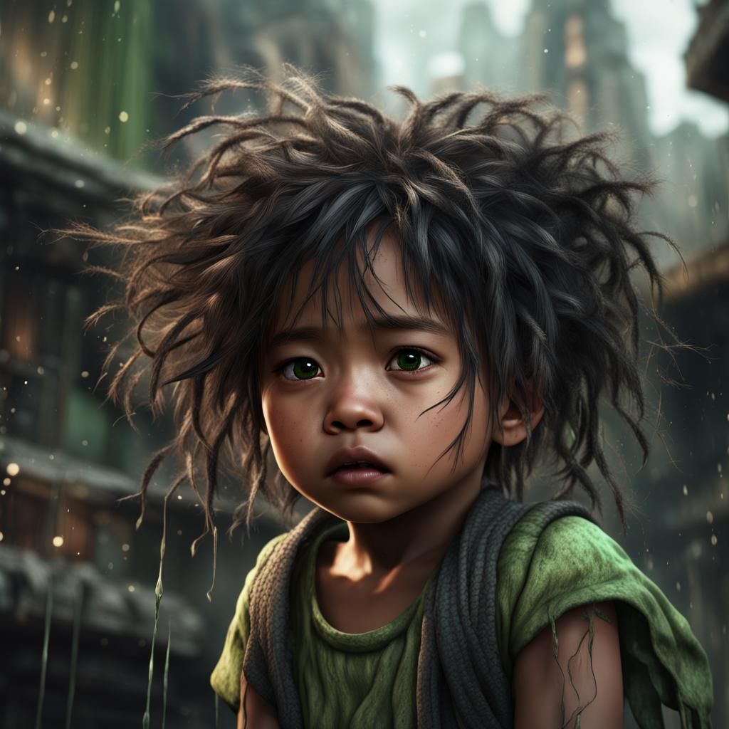 Sad Black-Asian Toddler Portrait in Detailed Matte Painting